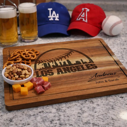 Los Angeles baseball cutting board displayed in kitchen or game day setting for serving snacks and entertaining