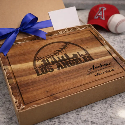 Personalized Los Angeles baseball cutting board presented in gift box with ribbon as a custom gift for baseball fans