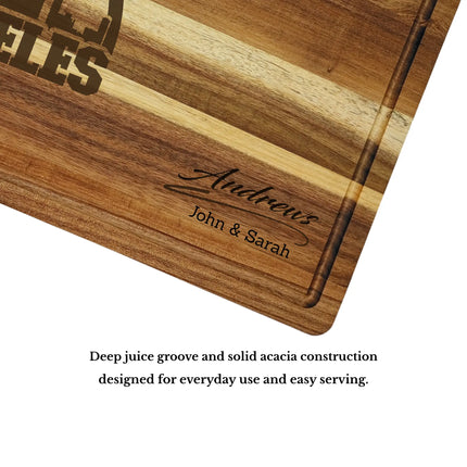 Acacia wood cutting board with deep juice groove and thick construction showing quality craftsmanship and durability