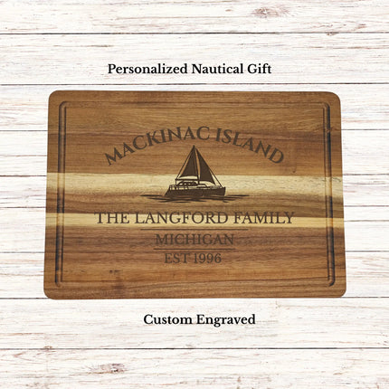 Personalized Mackinac Island Michigan sailboat cutting board custom engraved nautical gift acacia wood kitchen decor