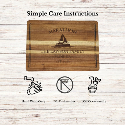 Marathon Florida cutting board care instructions showing how to clean oil and maintain acacia wood for long lasting use
