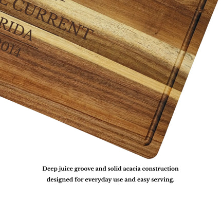 Marathon Florida cutting board juice groove and craftsmanship showing solid acacia wood quality and durability