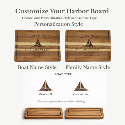 Marathon Florida cutting board personalization options showing custom boat name family name established year and sailboat engraving styles