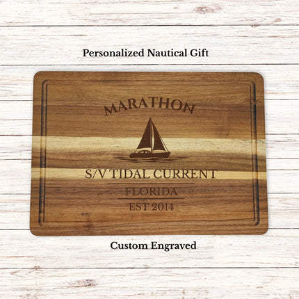 Marathon Florida sailboat cutting board personalized with Tidal Current boat name nautical gift