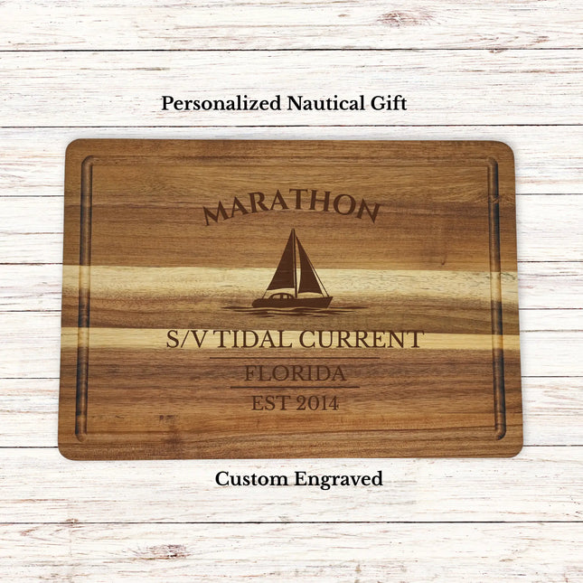 Marathon Florida sailboat cutting board personalized with Tidal Current boat name nautical gift