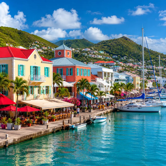 Colorful waterfront district of Marigot Harbor in Saint Martin featuring French-Caribbean architecture, marina facilities, anchored sailboats, and the cultural center of the island's French side.