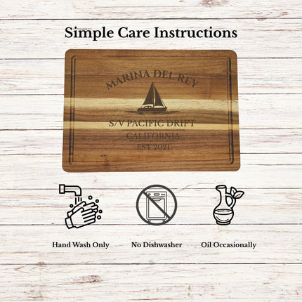 Marina del Rey cutting board care instructions showing how to clean oil and maintain acacia wood for long lasting use