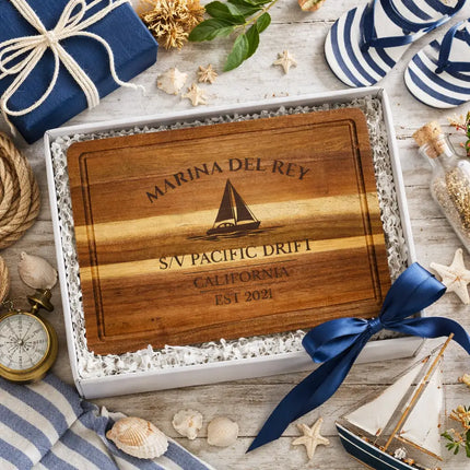 Marina del Rey personalized cutting board gift set in nautical themed box with rope compass seashells and coastal decor
