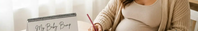 Expecting mother coloring in the My Baby Bump pregnancy keepsake book by Markers & Milestones at a cozy table with colored pencils and the My Baby Bump flip book.