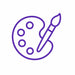 Purple line icon of an artist palette and paintbrush representing creativity and hands-on coloring activities.
