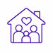 Purple line icon of a family inside a home representing a family-owned business dedicated to creating meaningful keepsakes.