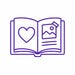 Purple line icon of an open memory book with a heart and photo representing treasured family memories and keepsakes.