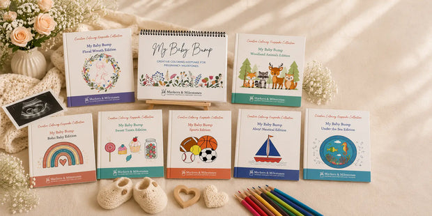 Markers & Milestones Pregnancy & Baby Collection featuring the My Baby Bump pregnancy flip book surrounded by themed pregnancy milestone coloring books, baby shoes, ultrasound photo, flowers, and colored pencils.