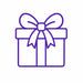 Purple line icon of a wrapped gift box representing personalized gifts for birthdays, holidays, baby showers, and special occasions.