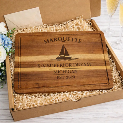 Personalized Marquette Michigan sailboat cutting board gift for wedding housewarming or anniversary with custom engraving