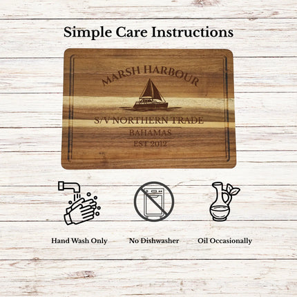 Marsh Harbour Bahamas cutting board care instructions showing how to clean oil and maintain acacia wood for long lasting use