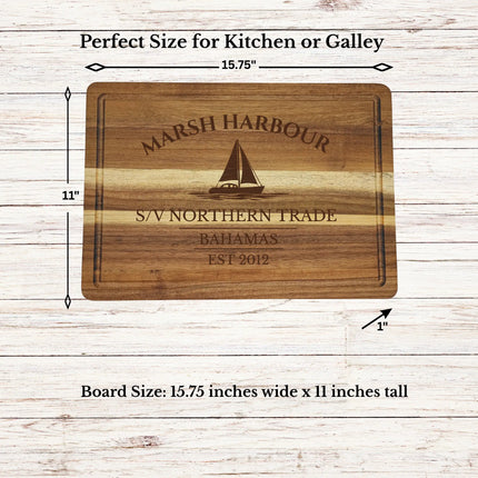 Marsh Harbour Bahamas sailboat cutting board dimensions and features including size thickness juice groove and edge detail