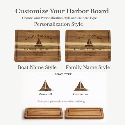Marsh Harbour Bahamas cutting board personalization options showing custom boat name family name established year and sailboat engraving styles