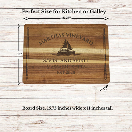 Marthas Vineyard Massachusetts sailboat cutting board dimensions solid acacia wood nautical kitchen board size guide