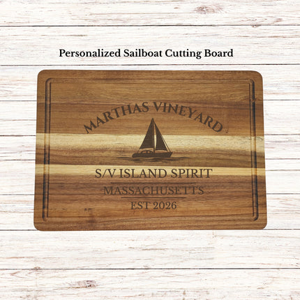 Marthas Vineyard Massachusetts sailboat cutting board engraved on solid acacia wood personalized nautical kitchen gift
