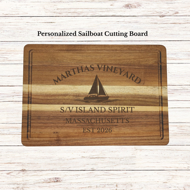 Marthas Vineyard Massachusetts sailboat cutting board engraved on solid acacia wood personalized nautical kitchen gift