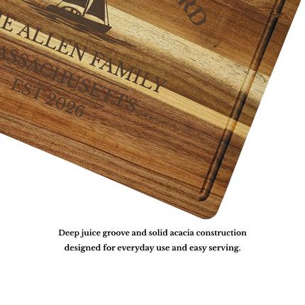 solid acacia Marthas Vineyard Massachusetts sailboat cutting board juice groove and craftsmanship detail