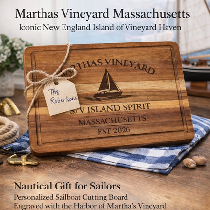 personalized Marthas Vineyard Massachusetts sailboat cutting board gift for sailors boat owners and coastal homes