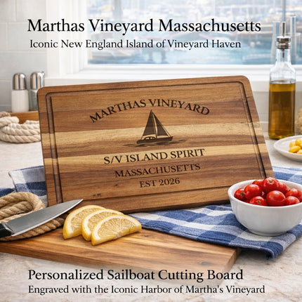 Marthas Vineyard Massachusetts sailboat cutting board styled in coastal kitchen nautical decor lifestyle setting