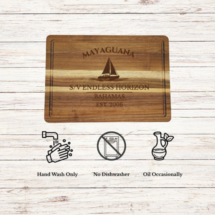 Mayaguana Bahamas cutting board care instructions showing how to clean oil and maintain acacia wood for long lasting use