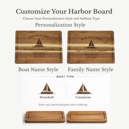 Mayaguana Bahamas cutting board personalization options showing custom boat name family name established year and sailboat engraving styles