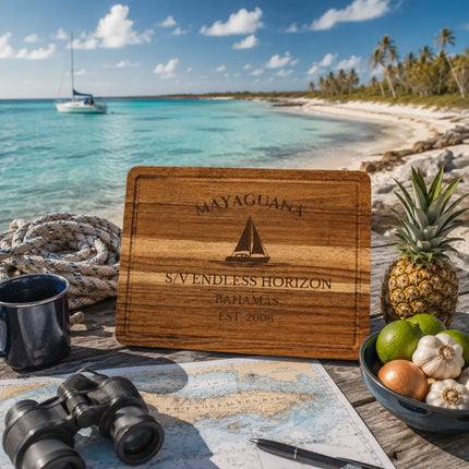 Mayaguana Bahamas sailboat cutting board displayed beside a remote offshore anchorage with empty tropical shoreline and expansive Caribbean water