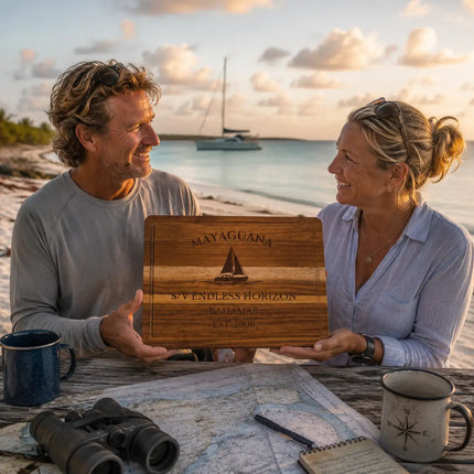 Mayaguana Bahamas personalized cutting board being shared by offshore cruisers after arriving at a remote southern Bahamas anchorage following a long passage