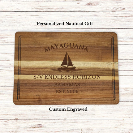 Mayaguana Bahamas sailboat cutting board personalized with Endless Horizon boat name nautical gift
