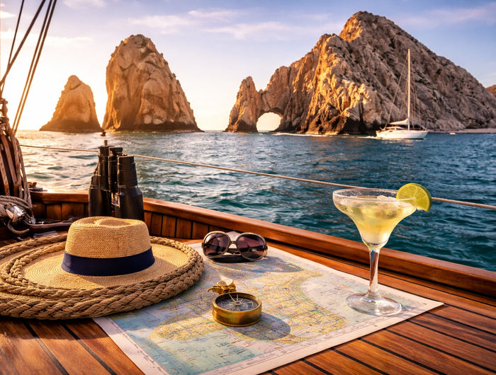Landscape view of a sailboat cockpit near Land’s End at Cabo San Lucas, Sea of Cortez, with nautical chart, compass, and rock arch formations in the background