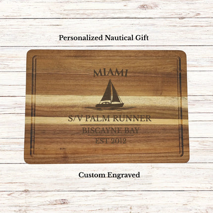 personalized miami florida sailboat cutting board acacia wood custom engraved boat name biscayne bay nautical gift