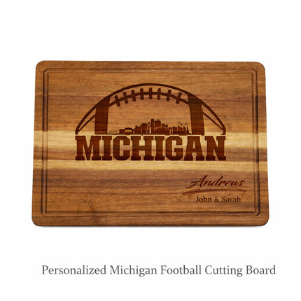 Personalized Michigan football cutting board on white background with warm brown laser engraving