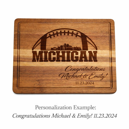 Personalized Michigan football cutting board with custom family name and date engraving