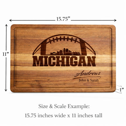 Michigan football cutting board size showing 15.75 x 11 x 1 inch dimensions