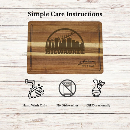 Care instructions for acacia wood cutting board showing cleaning oiling and maintenance for long lasting use