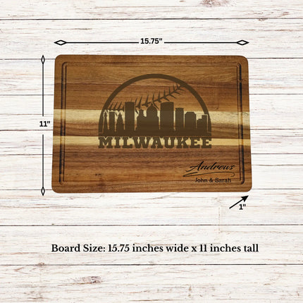 Milwaukee baseball cutting board dimensions showing size thickness and juice groove details on acacia wood board
