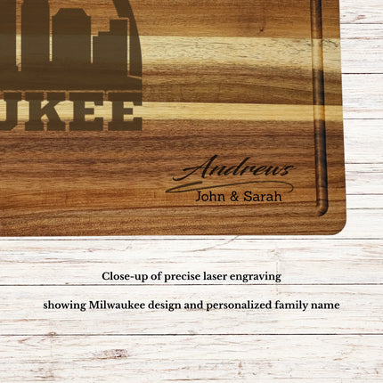 Close up of laser engraved Milwaukee skyline baseball design on personalized acacia wood cutting board