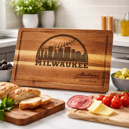 Milwaukee baseball cutting board displayed in kitchen setting with food and drinks for casual entertaining