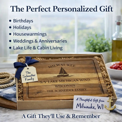 Personalized Milwaukee Wisconsin sailboat cutting board gift with S V Lake Michigan Wind engraving and Schneider family name in nautical gift box for special occasions