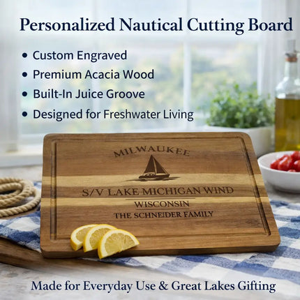 Milwaukee Wisconsin sailboat cutting board displayed in kitchen setting with food prep scene highlighting Lake Michigan freshwater sailing lifestyle and durability