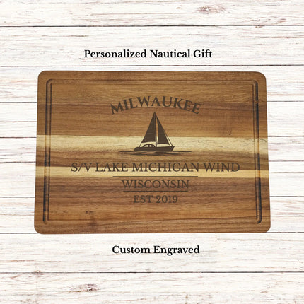 Personalized Milwaukee Wisconsin sailboat cutting board engraved with S V Lake Michigan Wind Schneider family name nautical kitchen gift