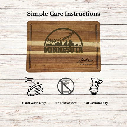Care instructions for acacia wood cutting board showing cleaning oiling and maintenance for long lasting use