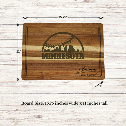 Minnesota baseball cutting board dimensions showing size thickness and juice groove details on acacia wood board