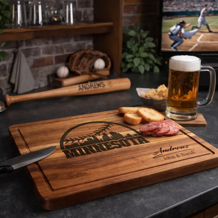 Minnesota baseball cutting board displayed in kitchen or sports themed space with food and game day setup