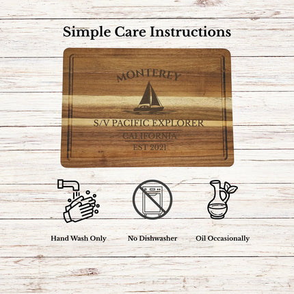 Monterey California cutting board care instructions showing how to clean oil and maintain acacia wood