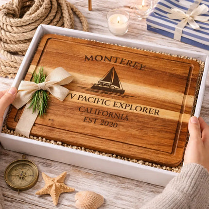 Monterey California personalized cutting board gift in nautical themed box with rope compass and coastal decor